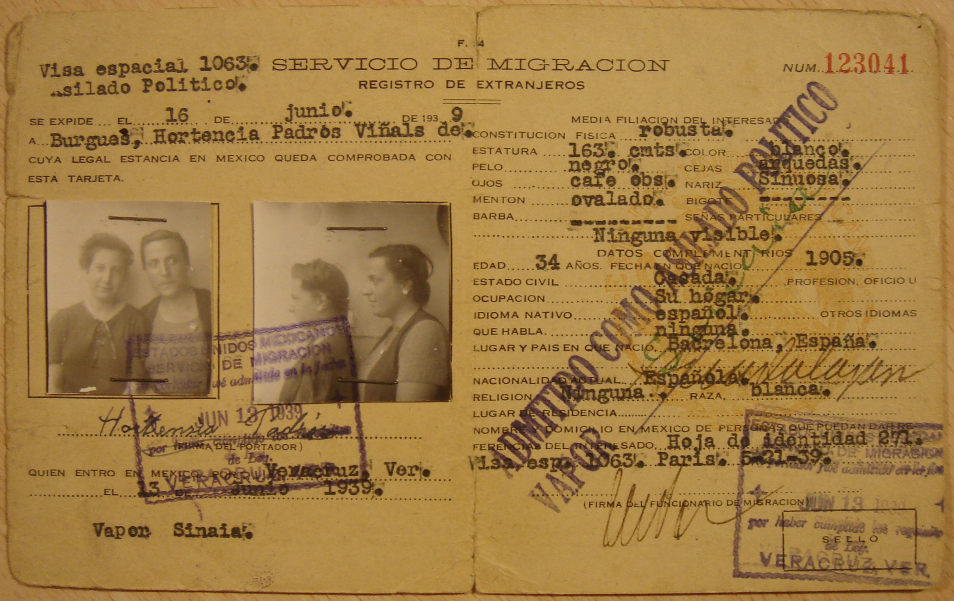 Visat d'asil polític del Servei de Migració dels Estats Units de Mèxic d'Hortensia Padrós i Cleòpatra Burguès